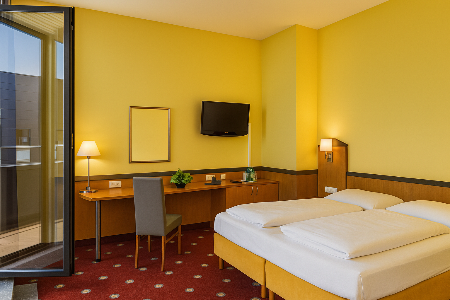 Hotelzimmer mit gelben Wänden und gelbem Doppelbett, halbhoch mit Holz verkleideten Wänden und rotem Teppich. Neben dem Bett steht ein sehr großer Schreibtisch, darüber hängt ein Flachbild‑TV. Gegenüber vom Bett stehen die beiden Türen zur eigenen Terrasse offen, im Glas spiegelt sich der blaue Himmel.