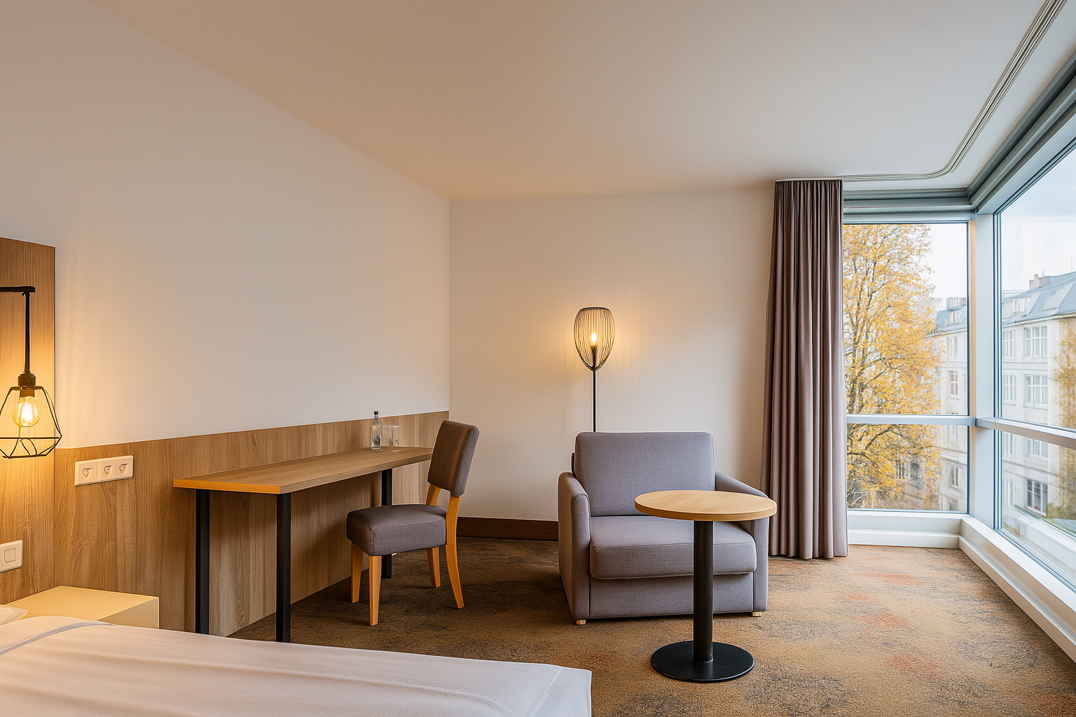 Geräumiges, modernes Hotelzimmer mit bodentiefen Fenstern, einem großzügigen Schreibtisch und einem einladenden Sessel am Fenster.