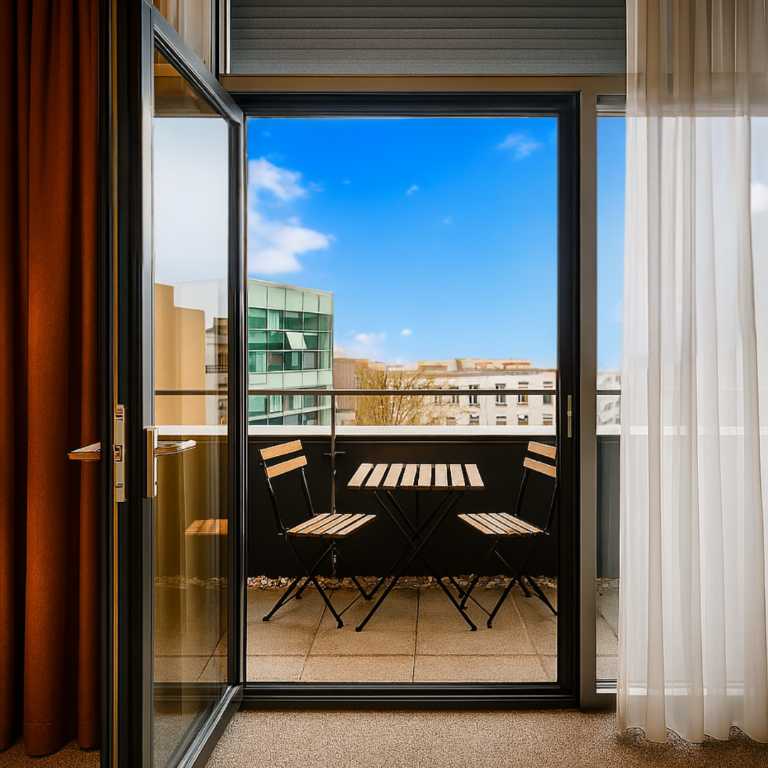 Blick von einer Hotelzimmertür auf eine Terrasse mit Stühlen und einem Tisch; dahinter sind Häuser, Bäume und Dächer zu sehen.