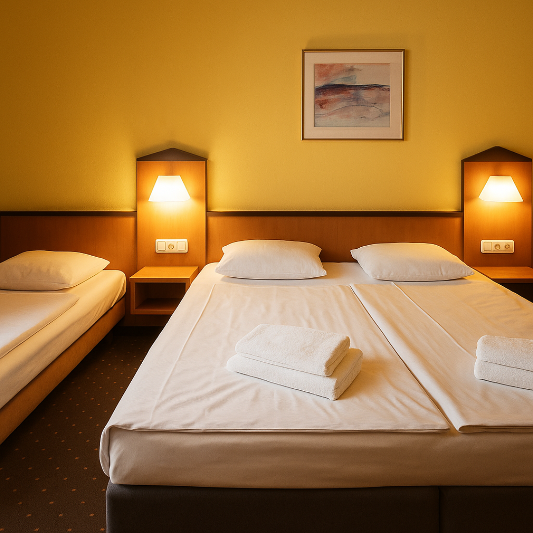 Das warm eingerichtete Dreibettzimmer bei gemütlicher Beleuchtung. Neben dem großen Doppelbett steht ein gemütliches Einzelnbett.
