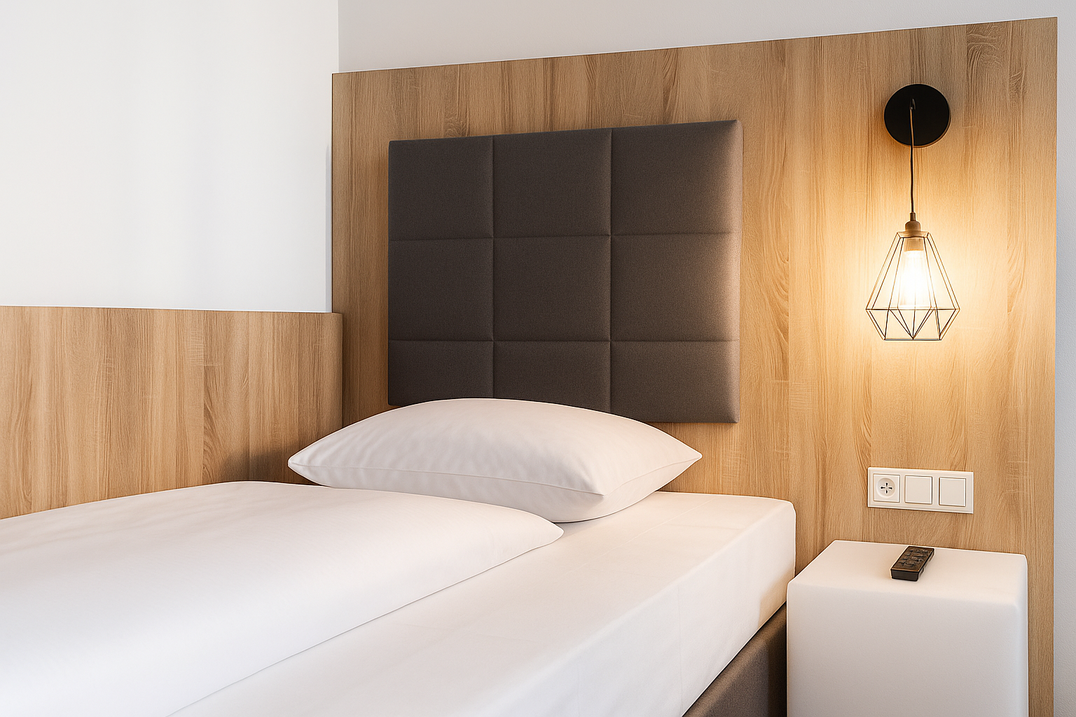 Hotelzimmer mit modernem Einzelbett, großem gepolsterten Kopfteil und einem leuchtenden Würfel als Nachttischlampe. Die Wände sind halbhoch mit hellem Holz verkleidet.