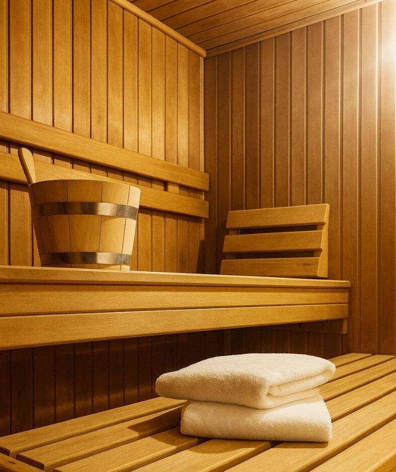 Innenraum einer Sauna mit Holz‑Wänden und Holzbänken, bereitgelegten Handtüchern und Utensilien für den Saunagang.