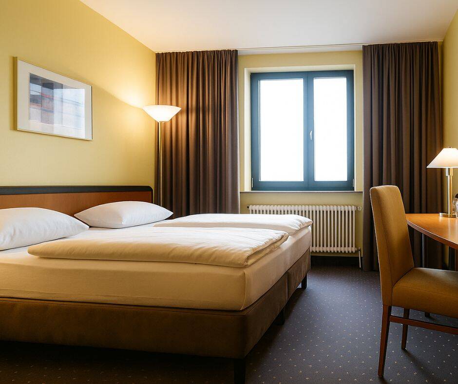 Hotelzimmer mit großem, gemütlichem Doppelbett und Schreibtisch. Der Raum ist in warmen Farben eingerichtet, und weiches Tageslicht fällt durch das Fenster.
