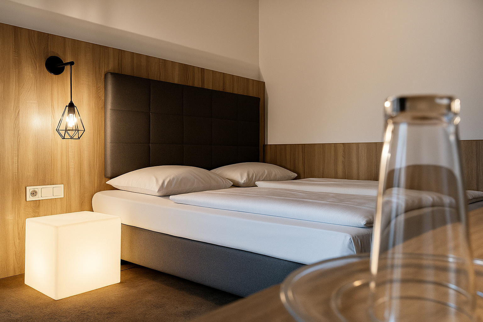 Hotelzimmer mit modernem Doppelbett, großem gepolsterten Kopfteil und einem leuchtenden Würfel als Nachttischlampe. Die Wände sind halbhoch mit hellem Holz verkleidet.