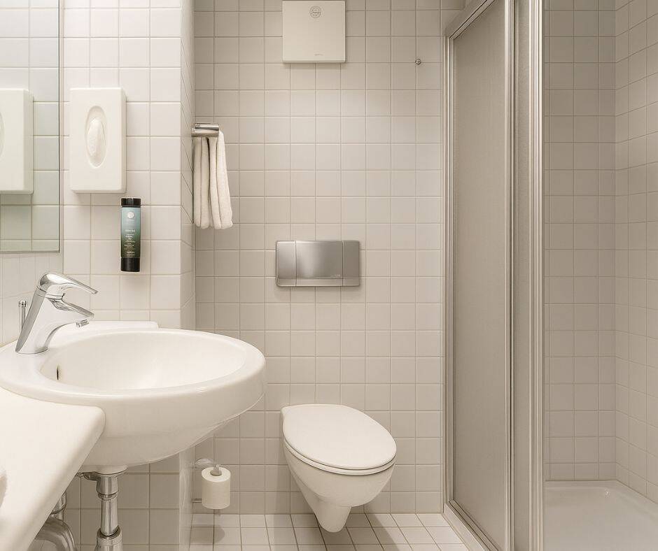 Großes, ganz in Weiß gehaltenes Badezimmer mit Bodentiefer Dusche.