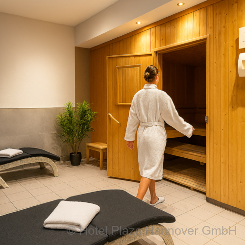 Ein Hotelgast in Bademantel geht vom gemütlichen Ruheraum zur offenen Holzsauna. Im Ruheraum stehen Liegen mit Handtüchern, und in einer Ecke sorgt eine Pflanze für eine entspannte Atmosphäre.